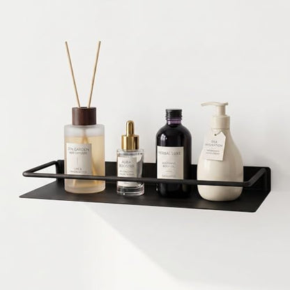RFOUO 16 Inch Small Metal Wall Shelf with Guard Rail,Black,1 Pack | Small Bathroom Shelf, Wall Mounted, Aluminum Floating Shelf, For Toothbrush Perfume Spice,Bathroom Bedroom Kitchen - color: Black, size: 16Inch