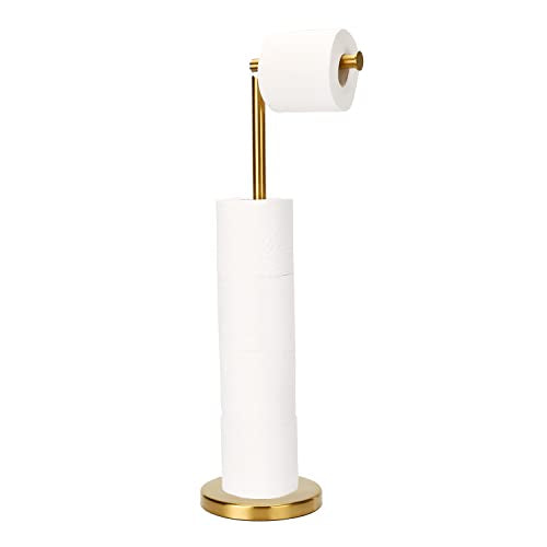 Toilet Paper Holder Gold, Freestanding Toilet Paper Holder Stand with Reserve for 4 Spare Rolls, Sturdy Base, Toilet Tissue Paper Roll Storage Shelf (Stainless Steel Base, Gold)