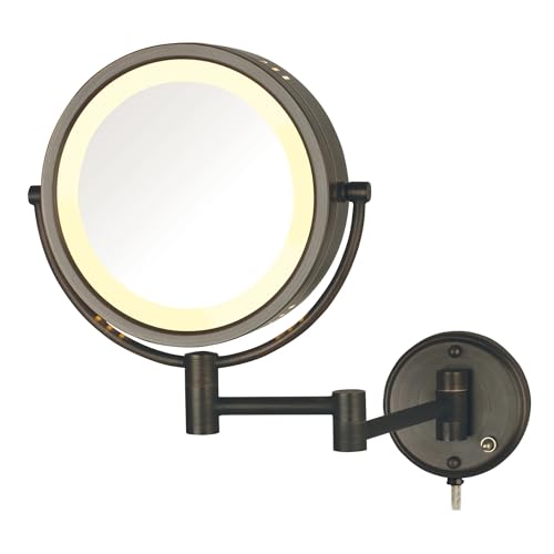 JERDON Lighted Wall-Mount Makeup Mirror - 8X - Bronze - HL75BZ | 8.5" Diameter, 13.5" Wall Arm, LED Lighting, Corded Plug-In Power