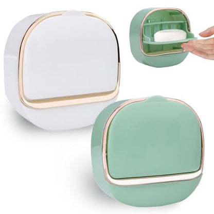 ASTIMESA 2 Packs Waterproof Wall-Mounted Soap Dishes Box, Adhesive Plastic Soap Holder with Drain Lid Tray for Bar Bathroom Shower Keep Dry Flip Self Draining White & Light Green - color: White & Light Green