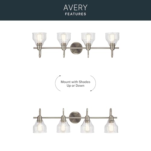 Kichler Avery 33.25" 4 Light Bathroom Vanity Light in Brushed Nickel, Vintage Bathroom Wall Mount Fixture with Clear Seeded Glass, (33.25" W x 9.25" H), 45974NI