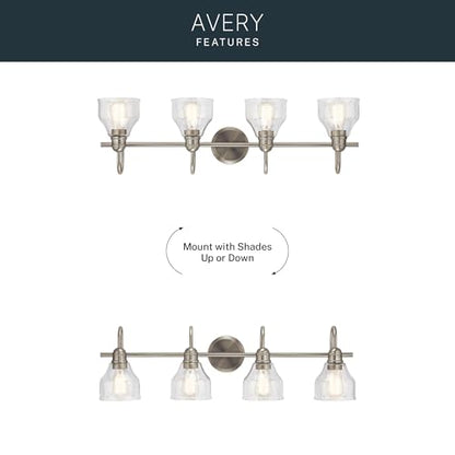 Kichler Avery 33.25" 4 Light Bathroom Vanity Light in Brushed Nickel, Vintage Bathroom Wall Mount Fixture with Clear Seeded Glass, (33.25" W x 9.25" H), 45974NI