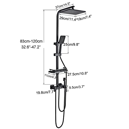 Shower System Matte Black Bathroom Thermostatic Shower Faucet Set with Tub Spout,Shower Head,3 Functions Hand Sprayer,Bidet and Shelf Rain Outdoor Shower Fixtures Kit Wall Mounted