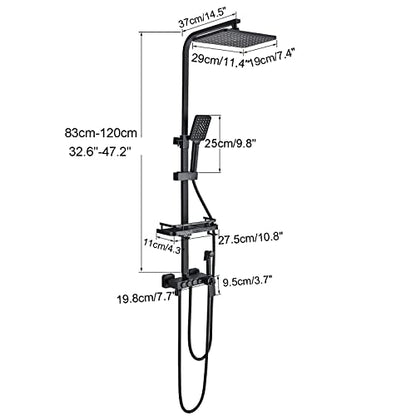 Shower System Matte Black Bathroom Thermostatic Shower Faucet Set with Tub Spout,Shower Head,3 Functions Hand Sprayer,Bidet and Shelf Rain Outdoor Shower Fixtures Kit Wall Mounted