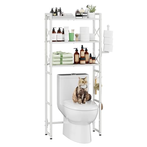 Simple Trending Over The Toilet Storage Rack with Toilet Paper Holder, Heavy Duty Metal 3 Tier Bathroom Organizer Shelf with 3 Hooks, White - color: 3 Tier White- Paper Holder