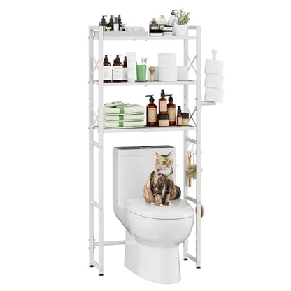 Simple Trending Over The Toilet Storage Rack with Toilet Paper Holder, Heavy Duty Metal 3 Tier Bathroom Organizer Shelf with 3 Hooks, White - color: 3 Tier White- Paper Holder