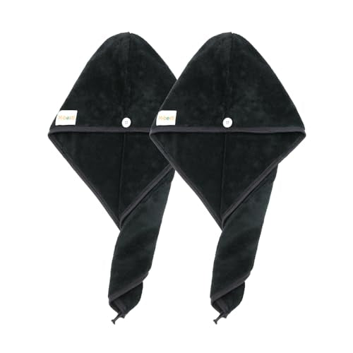 M-bestl 2 Pack Microfiber Hair Towel Wrap,Hair Drying Towel with Button,Absorbent and Anti-frizz Head Towel to Dry Curly or Straight Hair Quickly (Black) - color: Black