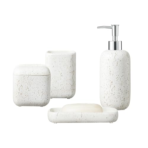 4-Pieces Bathroom Accessory Set Hight Quality Polyresin Ensemble-Lotion Dispenser/Toothbrush Holder/Cotton Jar/Soap Dish, Cream Color