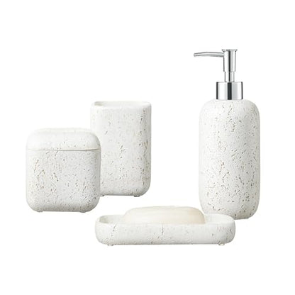 4-Pieces Bathroom Accessory Set Hight Quality Polyresin Ensemble-Lotion Dispenser/Toothbrush Holder/Cotton Jar/Soap Dish, Cream Color