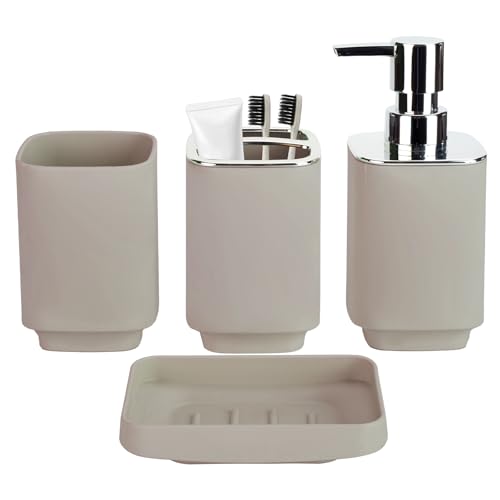 4Pcs Beige Bathroom Set, Square Boho Soap & Toothbrush Holder Set | Thick shatterproof ABS, electroplated rust-proof pump, drip-free, multi-slot holder, dustproof lids, easy-clean - color: Beige, size: 4PCS
