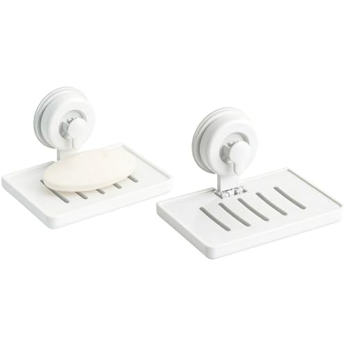 SUOXING 2 Pcs Soap Dish Holder for Shower Suction Cup Wall Mounted Self Draining NO-Drilling Removable Sponge & Bar Soap Holder,Shower Soap Rack & Shelf for Bathroom Bathtub Kitchen Sink,Plastic,White - color: White