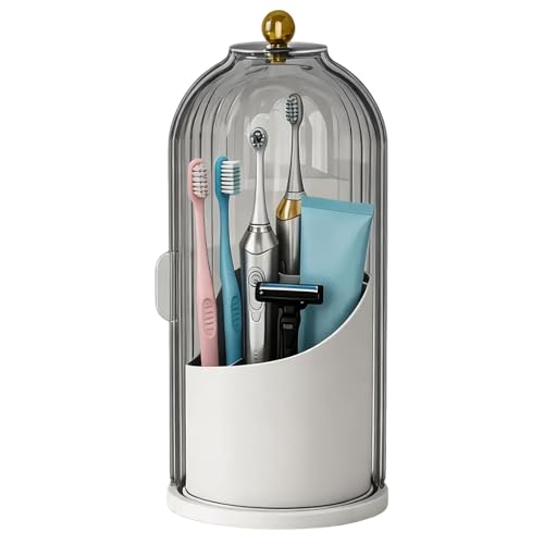 JEESA Dustproof Toothbrush Holder with Cover, Grey/White | 360° Rotating, 180° Sliding Lid, 3 Slots, Toothbrush Organizer, for Bathroom Countertop - color: Grey/White