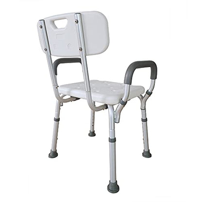 Deluxe Armed Shower & Bath Chair with Back & Arms, Snap On Tool Free Assembly, Lightweight & Seat Height Adjustable, Great for Travel (Bench with Back)