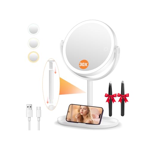 Auxmir 30X/1X Detachable Makeup Mirror with Lights, 3-Color Dimmable Lights | 64 LEDs, 3-color dimmable, dual-side touch control, 360° rotation, 2000mAh rechargeable, detachable design for travel - color: White-30x