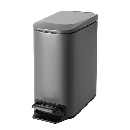 Cesun Small Bathroom Trash Can with Lid, 1.6 Gal, Soft Close, Gray | Step pedal soft close, Slim 5.9in fits narrow spaces, Stainless steel, Anti-fingerprint, Removable inner bucket, Odor seal - color: Gray