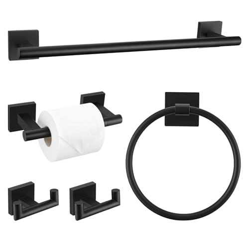 Matte Black Towel Bar Set, 5 Pieces Double Dase Toilet Paper Holder Bathroom Hardware Set, 23.6 Inch Stainless Steel Towel Racks for Bathroom Wall Mounted - color: Matte Black, size: 5pieces C