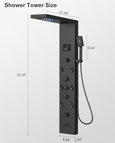 5 In 1 Shower Panel Tower System Stainless Steel Bathroom Panel Matte Black | LED Rain Waterfall Shower Head and Adjustable Massage Body Jets 3 Settings Handheld Head and Tub Spout by Homevacious - color: Matte Black