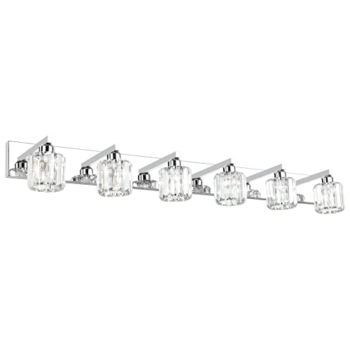 Aipsun Bathroom Vanity Light Crystal Vanity Lighting Fixtures 6 Lights Chrome Vanity Light for Bathroom (Exclude Bulb) - color: Chrome (Round), size: 49 inch