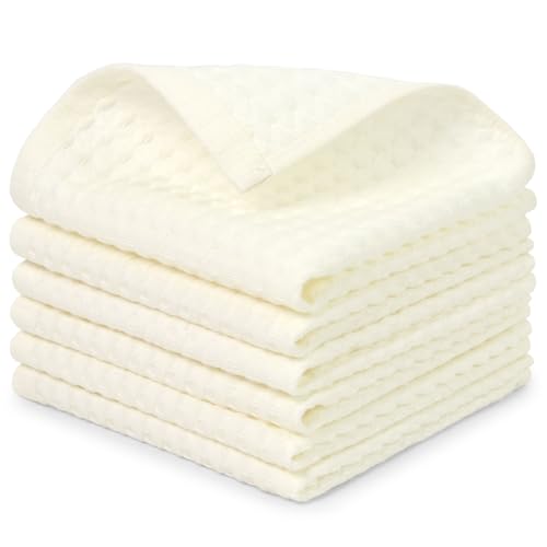 Cleanbear Cotton Washcloths 6 Pack, 13x13 Cream Waffle Weave Cozy Bathroom | Soft Absorbent Quick Dry Wash Cloths for Natural Home Farmhouse Bathroom Guest Room Everyday Care - color: Cream