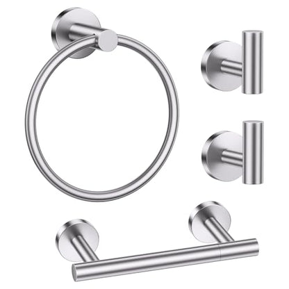 Brushed Nickel Bathroom Hardware Set, 4-Piece Towel Holder Set Include Double Bases Toilet Paper Holder,Towel Ring and 2 Towel Hooks Stainless Steel Wall Mounted Bathroom Hardware Accessories Set - color: Brushed Nickel, size: Set B