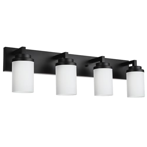 TODOLUZ 4-Lights Bathroom Light Fixtures in Matte Black, Modern Opal White Glass Vanity Light E26 Bulb Base, Wall Mount Lighting for Bedroom Bath Living Room - color: Black, size: 4-Lights