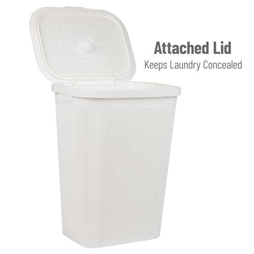 Mind Reader 60L Slim Laundry Hamper, Clothes Basket, Lid, Linen Design, Plastic, White - color: White