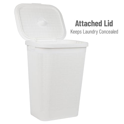 Mind Reader 60L Slim Laundry Hamper, Clothes Basket, Lid, Linen Design, Plastic, White - color: White