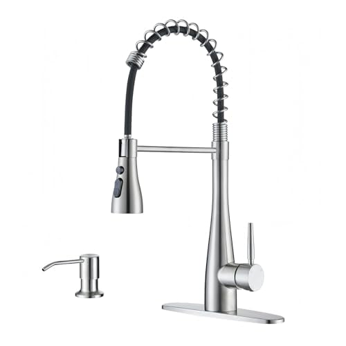Kitchen Faucet with Soap Dispenser, Single Handle Stainless Steel Transitional Sink Faucet with Pull Down Sprayer 1 or 3 Hole, Suitable for Farmhouse Laundry Camper RV Bar, Brushed Nickel - color: Brushed Nickel, style: Modern(with Soap Dispenser)