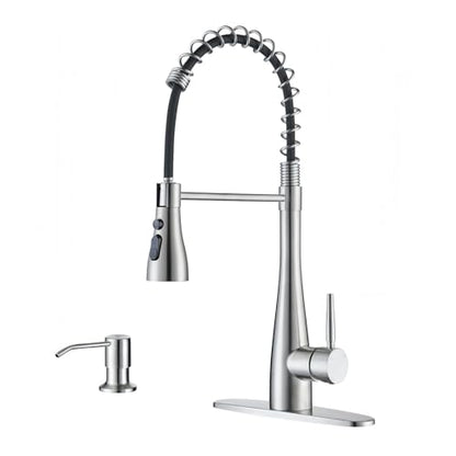 Kitchen Faucet with Soap Dispenser, Single Handle Stainless Steel Transitional Sink Faucet with Pull Down Sprayer 1 or 3 Hole, Suitable for Farmhouse Laundry Camper RV Bar, Brushed Nickel - color: Brushed Nickel, style: Modern(with Soap Dispenser)