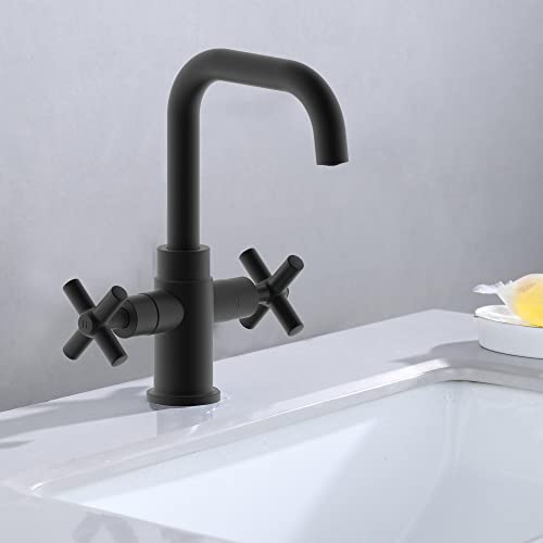 Bathroom Sink Faucet, 4 Inch Single Hole or 3 Hole Centerset Vanity Faucet, 2-Handle Handle Single Hole Bahroom Sink Faucet, Pop Up Drain Matte Black Finish DF-1265CCH-MT - color: Matte Black