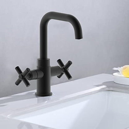 Bathroom Sink Faucet, 4 Inch Single Hole or 3 Hole Centerset Vanity Faucet, 2-Handle Handle Single Hole Bahroom Sink Faucet, Pop Up Drain Matte Black Finish DF-1265CCH-MT - color: Matte Black