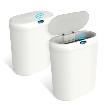 Naisu 4 Gallon Automatic Sensor Trash Can with Lid, 2 Pack Sealed Slim Design Waterproof Bathroom & Kitchen Garbage Bin, Motion Sensor Technology, Ideal for Small Spaces (White)