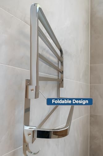 Crome Finished Foldable Towel Rack with Hooks – Wall Mounted Stainless Steel Double dacker Bathroom Shelf for Towels, Bathrobes & Storage | Rust-Resistant, Space-Saving Design for Modern Bathrooms - color: Crome Finish