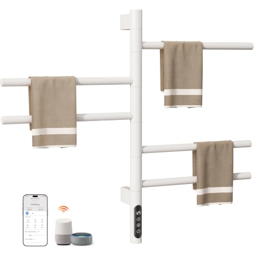 Smart Rotating Heated Towel Rack, White | 5-Bar Electric, Swivel Bars, Wi-Fi App Control, 24H Timer, Stainless Steel - color: White 16.34"x26.77"