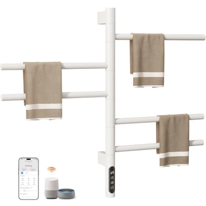 Smart Rotating Heated Towel Rack, White | 5-Bar Electric, Swivel Bars, Wi-Fi App Control, 24H Timer, Stainless Steel - color: White 16.34"x26.77"