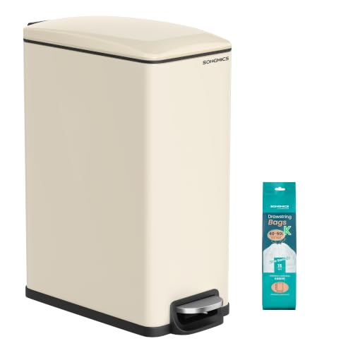 SONGMICS Slim Trash Can, 13-Gallon (50 L) Garbage Can for Narrow Spaces with Soft-Close Lid, Inner Bucket, and Step-on Pedal, Stainless Steel, 15 Trash Bags Included, Sand Beige ULTB510A01 - color: Sand Beige, style: 13 Gal.