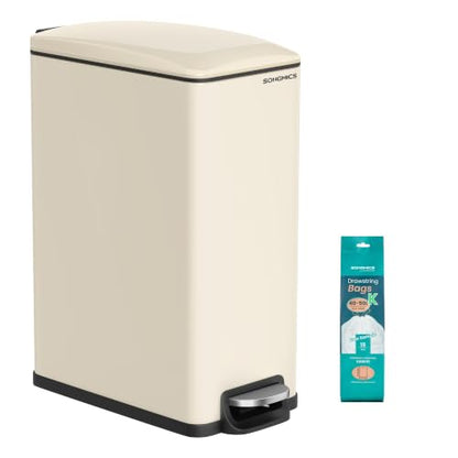 SONGMICS Kitchen Trash Can with Lid, 13-Gallon (50 L) Slim, Stainless Steel | Garbage Can for Narrow Spaces, 15 Trash Bags Included, Soft Close, Inner Bucket, Step-on Pedal, Sand Beige ULTB510A01 - color: Sand Beige, style: 13 Gal.