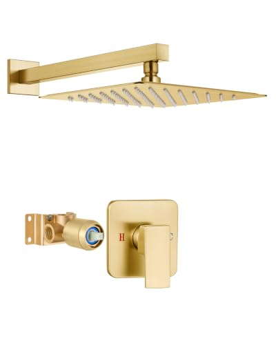 Heyalan 12 Inch Square Rain Shower Faucet Set with Valve, Brushed Gold | Female-thread 1/2-inch NPT connections, SUS304 shower head, brass rough-in valve, single-handle control Shower Set - color: Gold, size: 12 Inch Square Shower Head