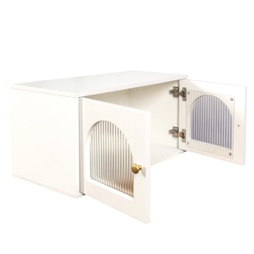 White Wall Mounted Cabinet, Glass Door Floating Bathroom Kitchen Organizer | Heavy-duty premium tempered glass panelling、Fixed internal shelves for wobble-free stability
