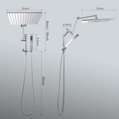 All Metal 12 Inch Rain Shower Head with Handheld Built-in Power Wash Mode, High Pressure Waterfall Rainfall Square Shower Heads with 16" Adjustable Extension Arm, Dual Showerhead(Chrome) - color: Chrome, size: 12 Inch