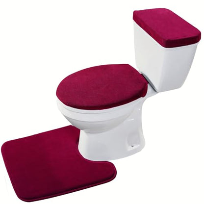 Madeals Velvet Toilet Lid Cover and Tank Lid Cover with Toilet Mat Memory Foam 3 Piece Toilet Contour Mat Set Burgundy - color: Burgundy