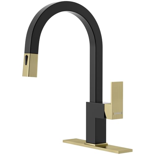 DAYONE Square Kitchen Faucet Black and Gold, Modern Bar Kitchen Sink Faucet with Pull Down Spray 2 Modes, S304 Stainless Steel Single Handle Faucet for Kitchen Sink, with Square Deck Plate - color: Black & Gold
