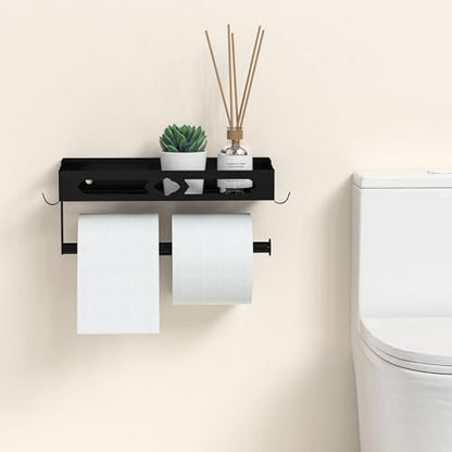 Wall Mount Paper Towel Holder with Shelf, Self Adhesive or Drill, Black | Easy One-handed Operation Design, Metal Hand Paper Towel Holder for bathroom, Kitchen, RV Paper Roll Holder Rack with 2 Hooks - color: Black