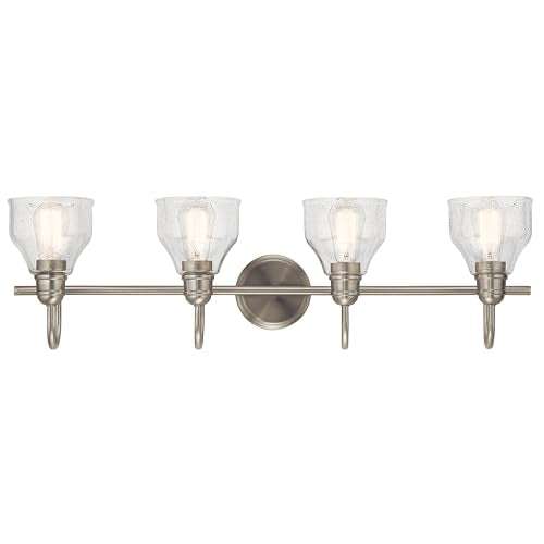 Kichler Avery 33.25" 4 Light Bathroom Vanity Light in Brushed Nickel, Vintage Bathroom Wall Mount Fixture with Clear Seeded Glass, (33.25" W x 9.25" H), 45974NI