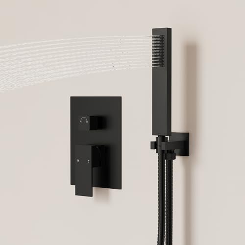 10" Shower System, Wall Mount Shower Faucet Set, Matte Black | Pressure-Balance Rough-In Valve Included, High Flow Square Rainhead, Stainless Steel Fixture for Bath Remodels - color: Matte Black