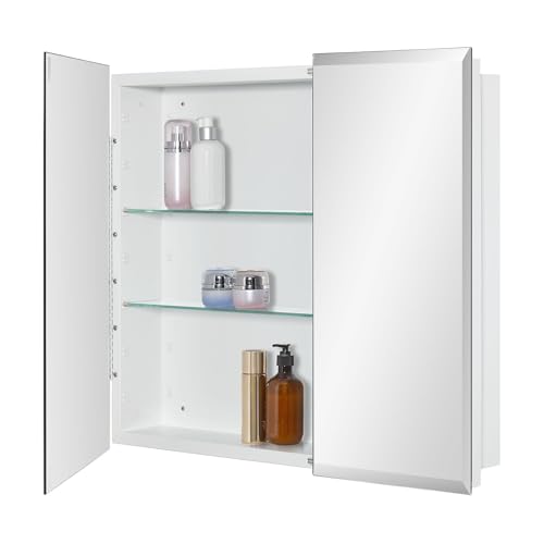 IDYLLOR Bathroom Medicine Cabinet with Beveled Edge Mirrored Door 30 x 26 inch, Recessed or Surface Mount, with Adjustable Glass Shelves - color: Matt White, size: 30x26 inch Beveled Edge Mirror