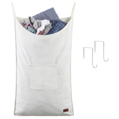 DECOMOMO Hanging Laundry Hamper - Laundry Bag with Hooks (White) | 22" x 35.8" Extra Large Hanging Laundry Basket with Bottom Zipper, Over The Door Storage for Clothes, Bathroom & Bedroom