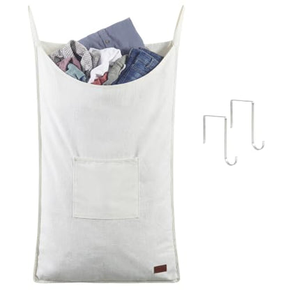 DECOMOMO Hanging Laundry Hamper - Laundry Bag with Hooks (White) | 22" x 35.8" Extra Large Hanging Laundry Basket with Bottom Zipper, Over The Door Storage for Clothes, Bathroom & Bedroom