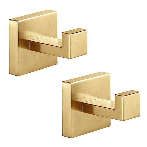 Heavy Duty Stainless Steel Towel Hooks, Wall Mounted Square Robe Hooks for Bathroom, Kitchen, Bedroom, Hotel Brushed Gold 2 Pack - color: Brushed Gold