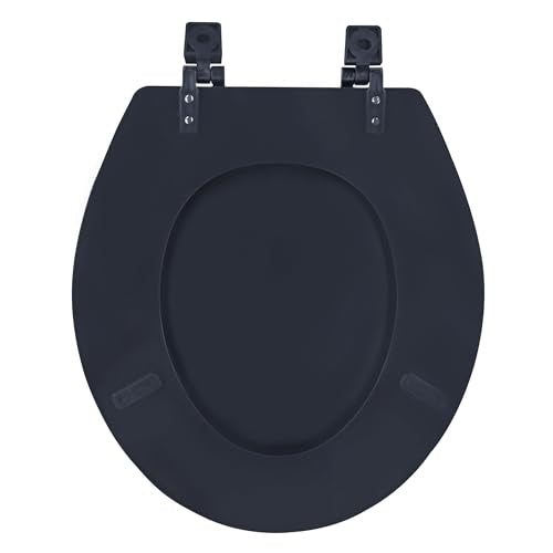 PowerSellerUSA Round Toilet Seat, Adjustable Hinges Wood Toilet Seats with Non Slip Grip Tight Bumpers, Standard Heavy Duty Wooden Bathroom Toilet Seat Close Lid Set, Black - color: Black - Wood, size: 17" Standard
